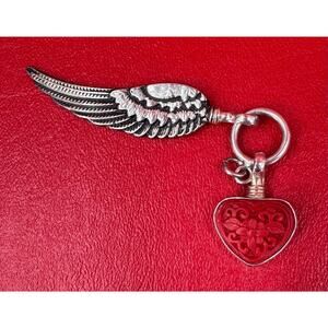 Coreen Cordova Sterling Red Cinnabar Heart Silver Plate Right Angel Wing Charm